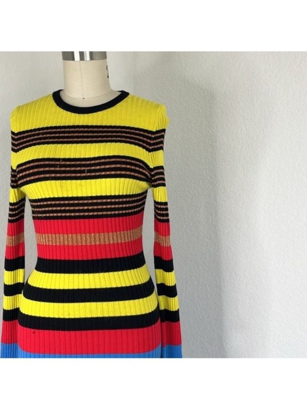 Opening Ceremony Striped Ribbed Knit Midi Dress In Azure Multi Ruffle - Picture 6 of 11